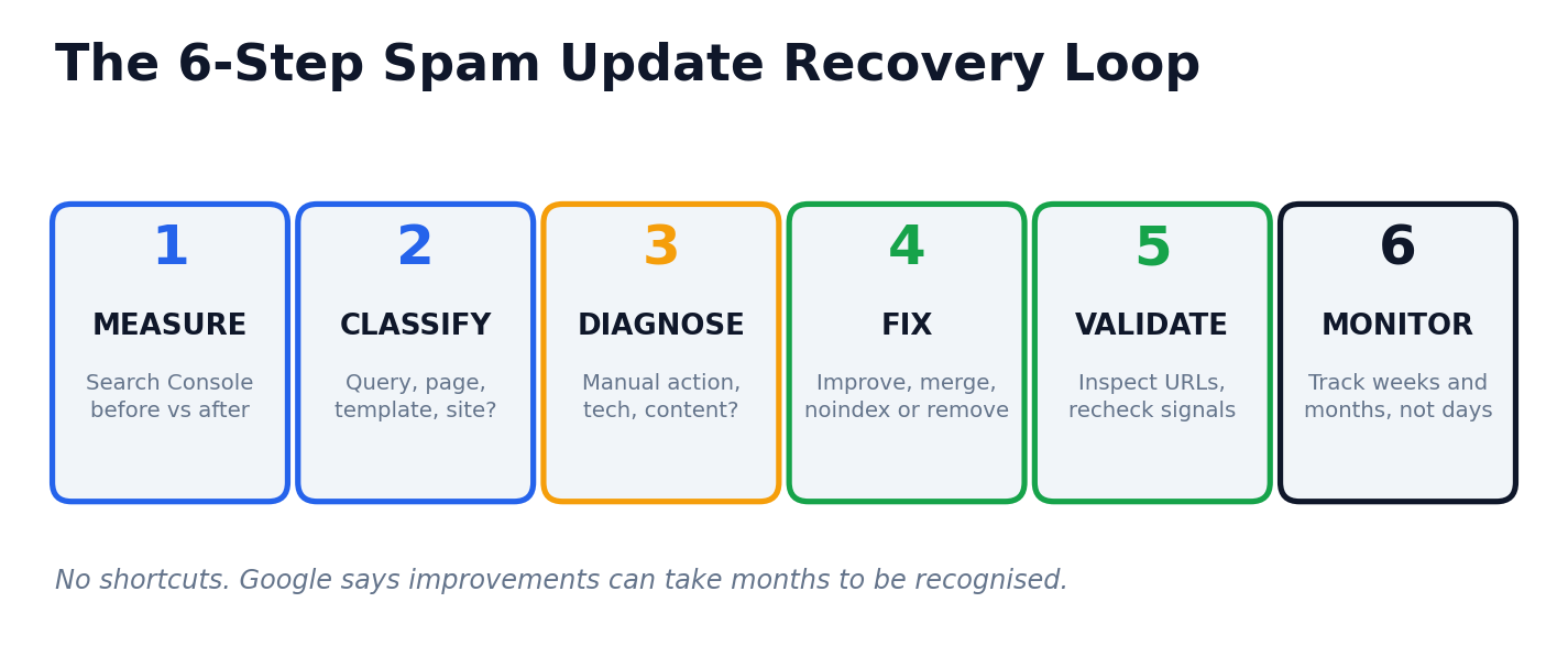 Six-step spam update recovery loop: measure, classify, diagnose, fix, validate, monitor