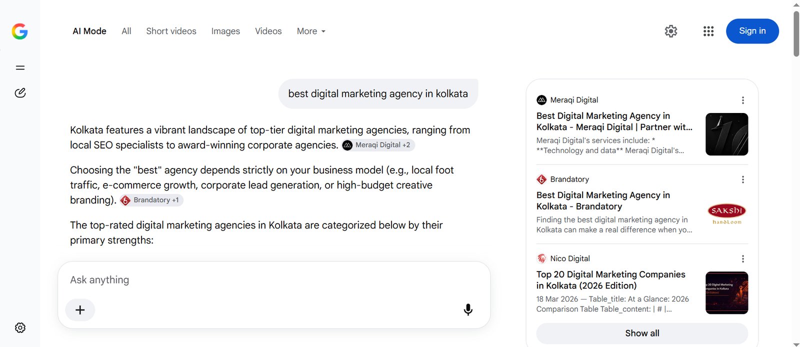 Google AI Mode citing Brandatory for best digital marketing agency in kolkata