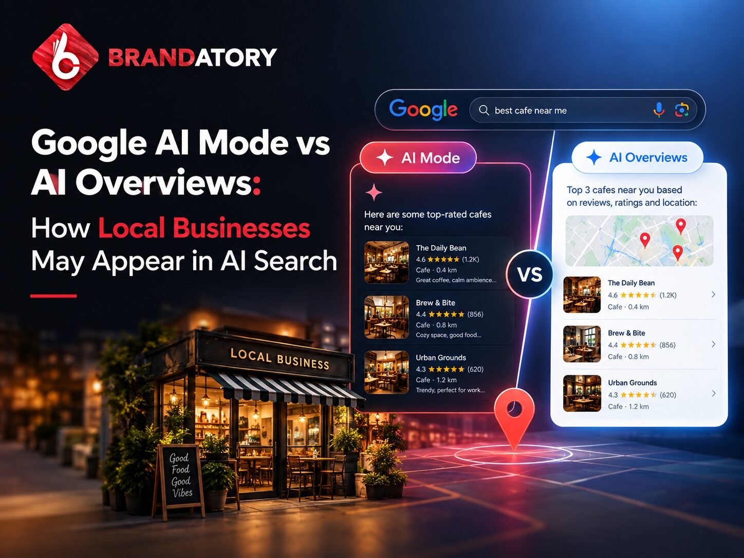 Brandatory graphic comparing Google AI Mode vs AI Overviews for local business visibility in AI search
