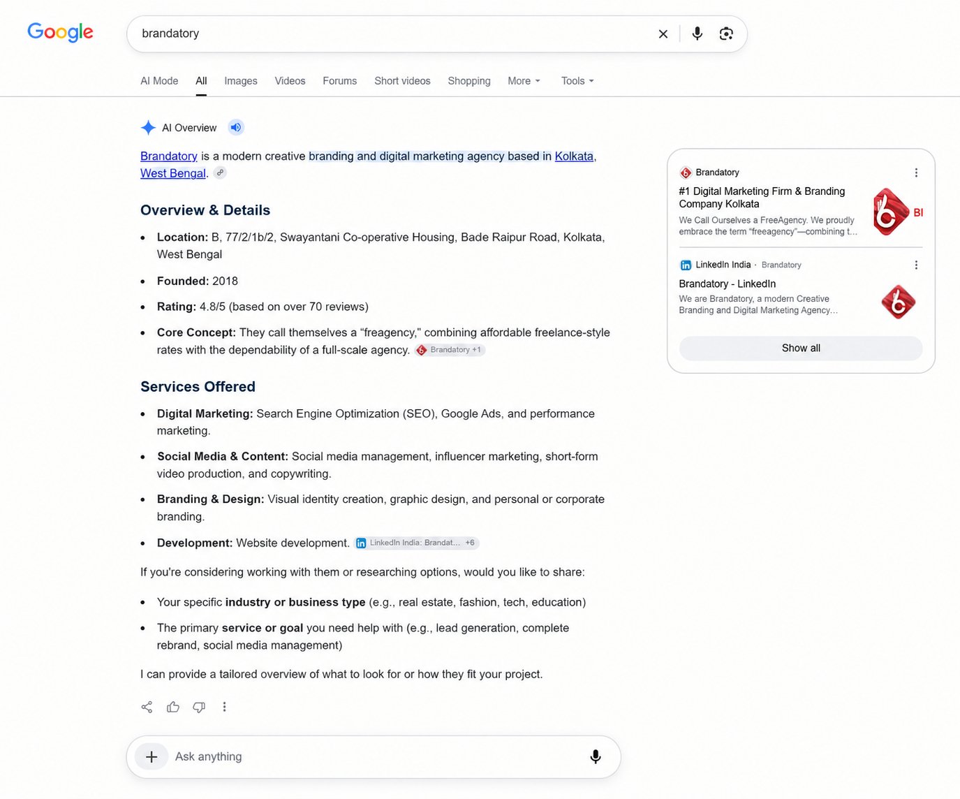 Google AI Overview for the branded query brandatory