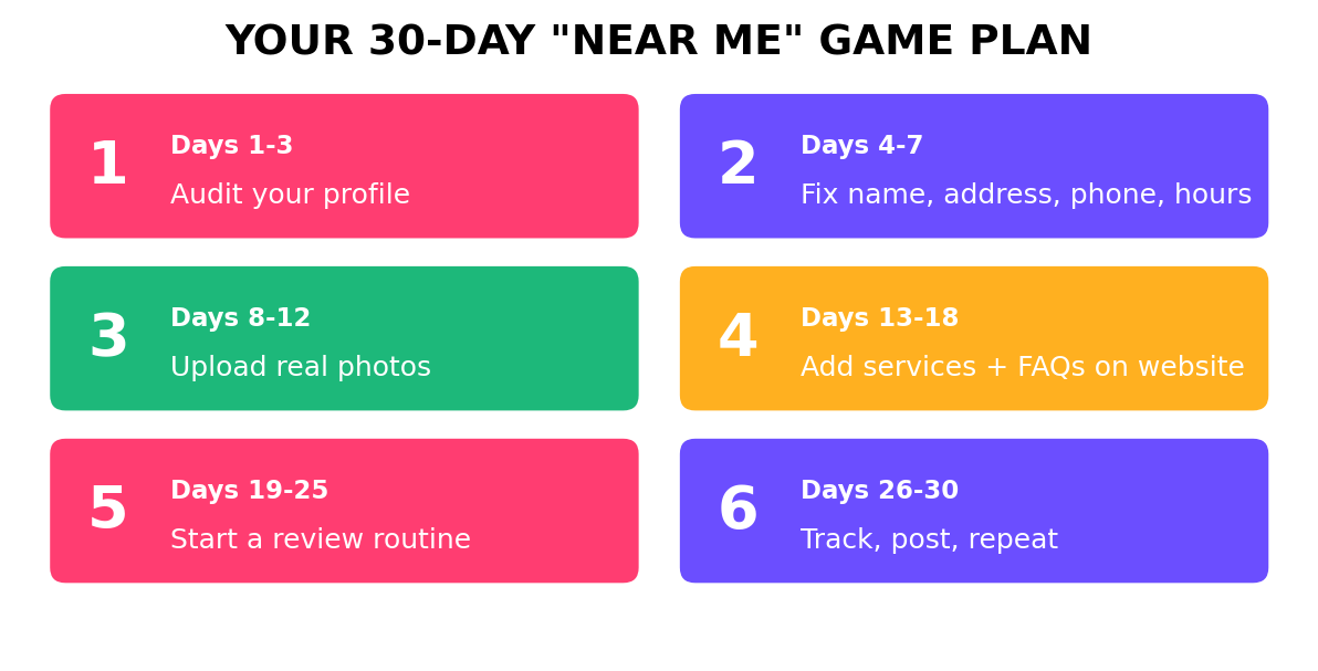 30-day checklist infographic for Google My Business optimization strategy for Kolkata businesses