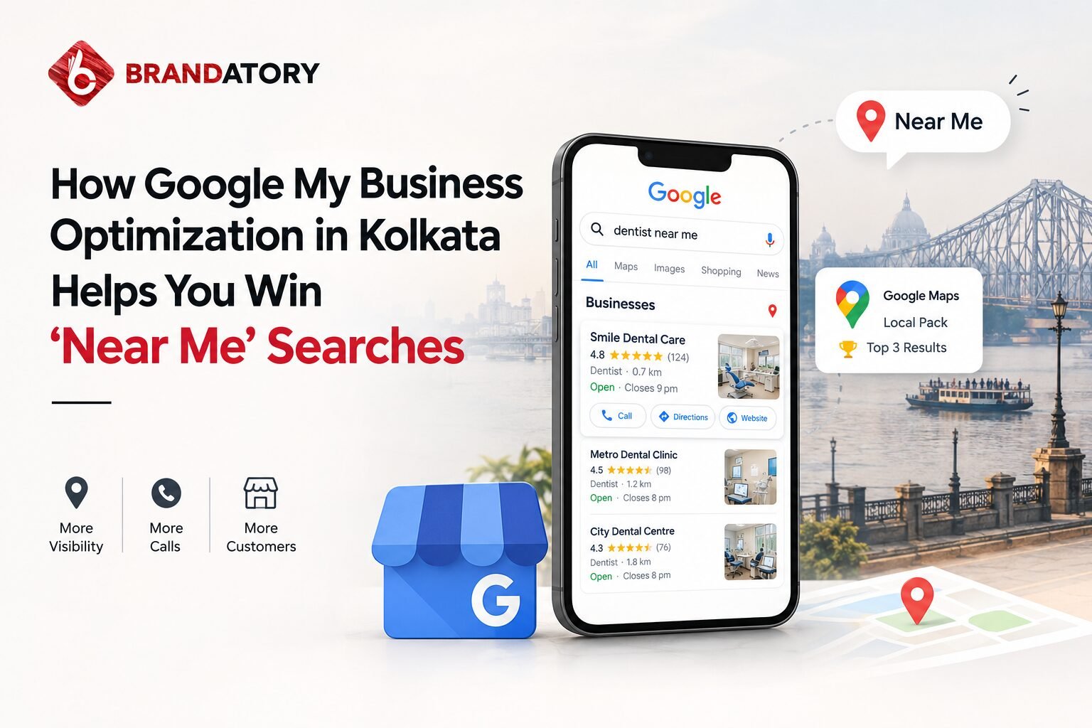 How Google My Business Optimization in Kolkata Helps You Win ‘Near Me’ Searches – Google local search results, Business Profile, and Kolkata location map.